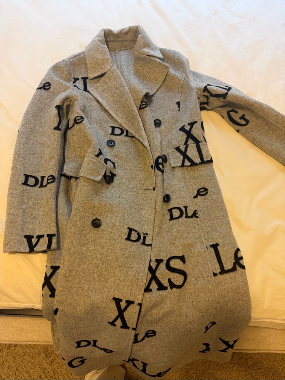 Womens Gray Logo Wool-Blend Double-Breasted Trench Coat